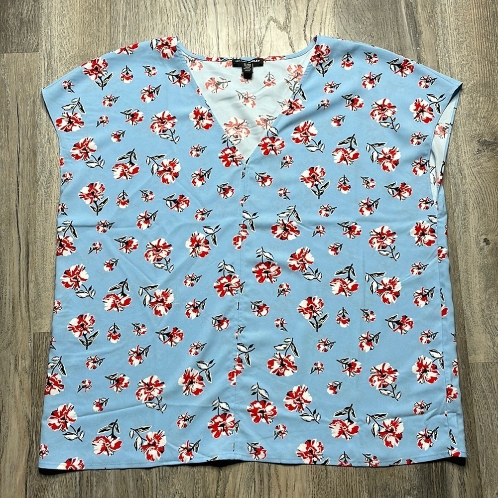 Hilary Radley Blue and Red Floral V Neck Blouse, size XL